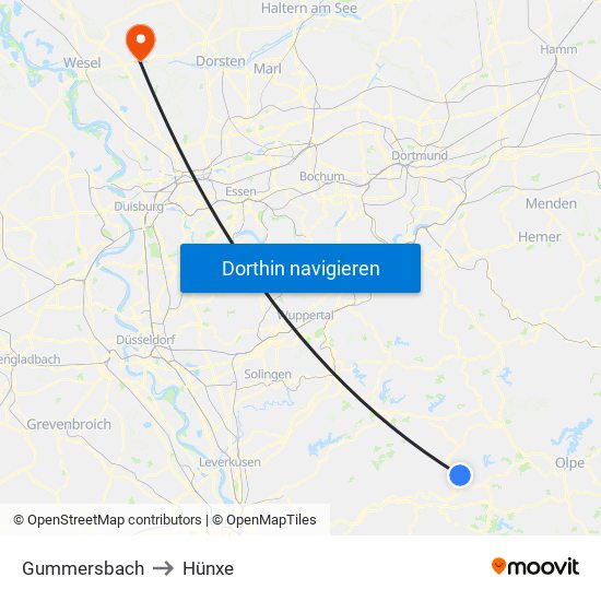 Gummersbach to Hünxe map