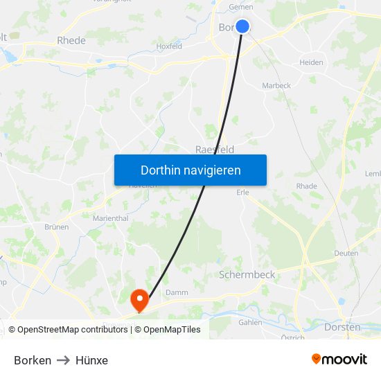 Borken to Hünxe map