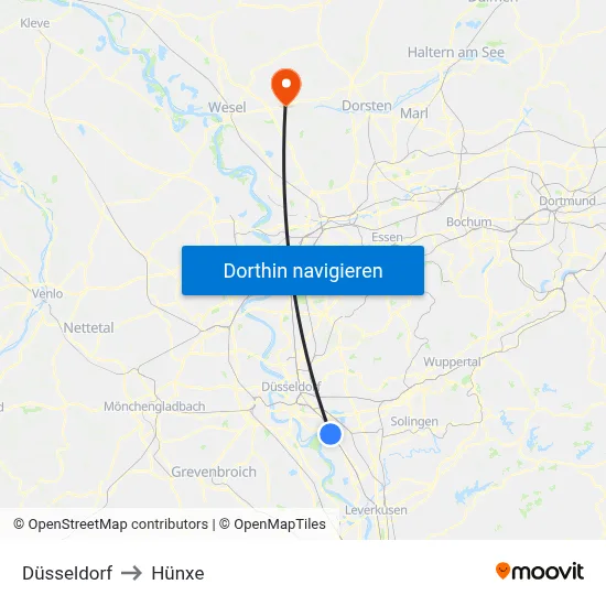 Düsseldorf to Hünxe map