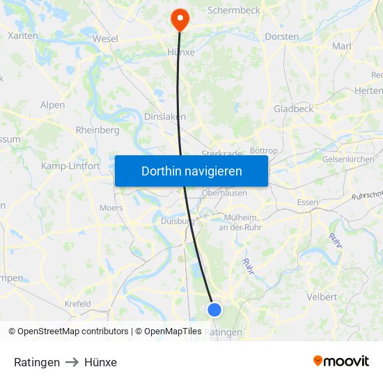 Ratingen to Hünxe map