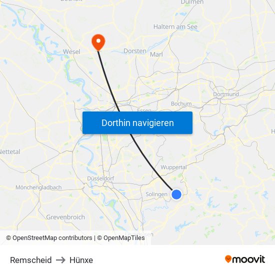 Remscheid to Hünxe map