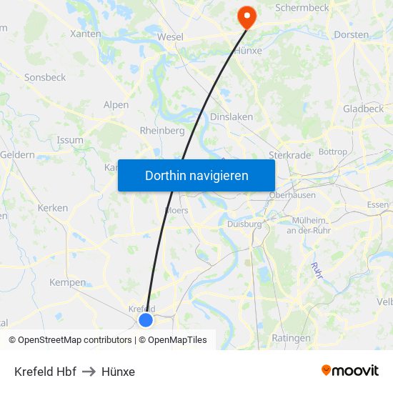 Krefeld Hbf to Hünxe map