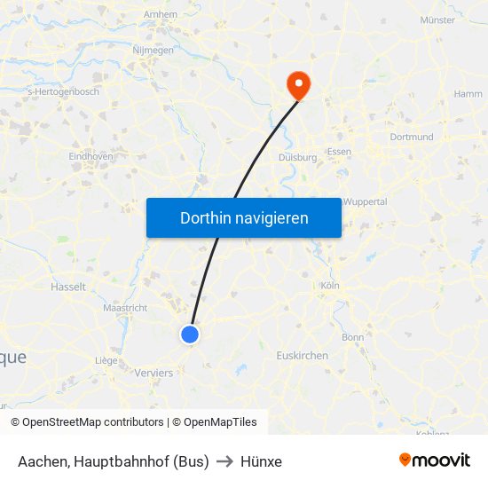 Aachen, Hauptbahnhof (Bus) to Hünxe map