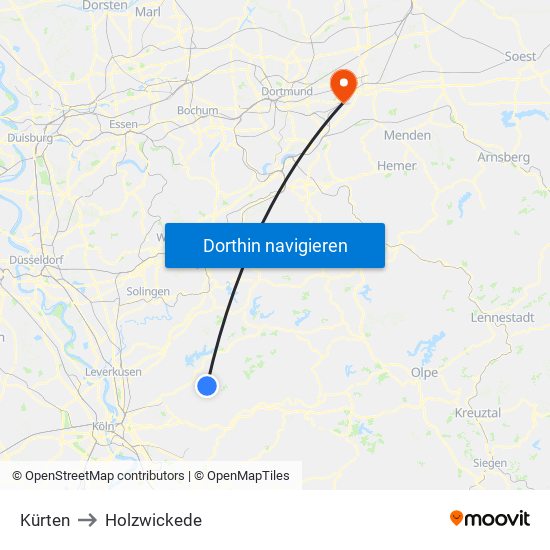 Kürten to Holzwickede map