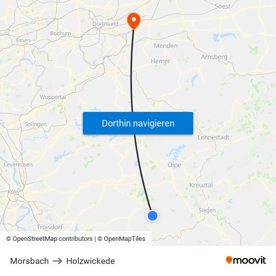 Morsbach to Holzwickede map