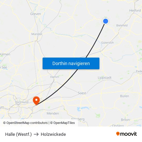 Halle (Westf.) to Holzwickede map