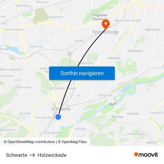 Schwerte to Holzwickede map