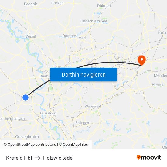 Krefeld Hbf to Holzwickede map