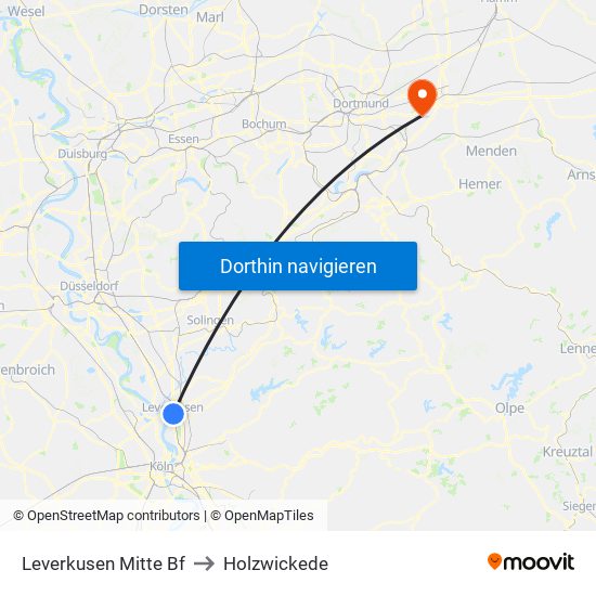 Leverkusen Mitte Bf to Holzwickede map