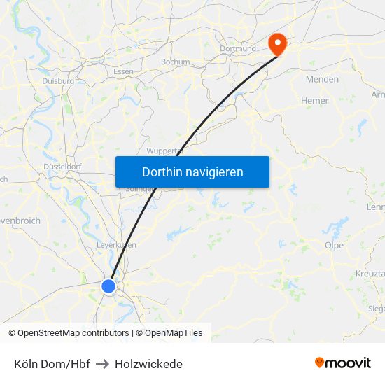 Köln Dom/Hbf to Holzwickede map