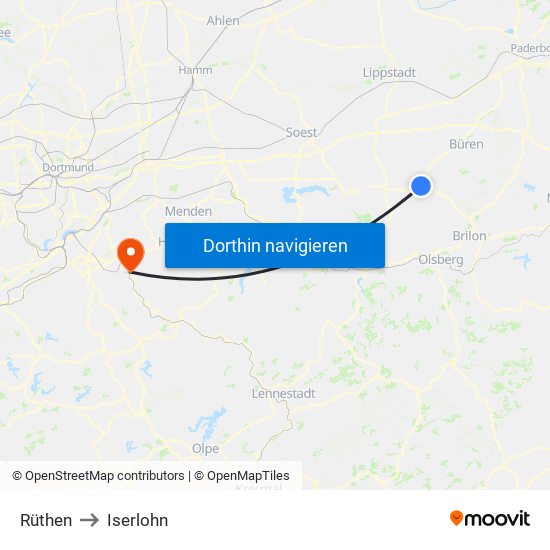 Rüthen to Iserlohn map