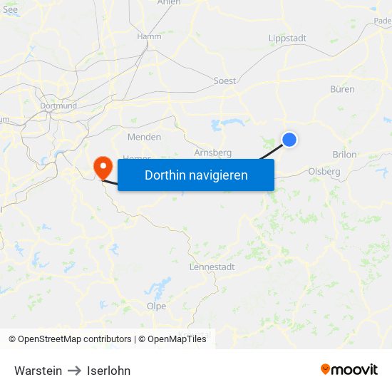 Warstein to Iserlohn map
