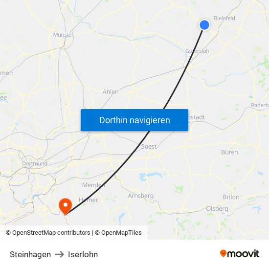 Steinhagen to Iserlohn map