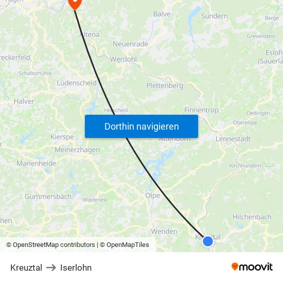 Kreuztal to Iserlohn map