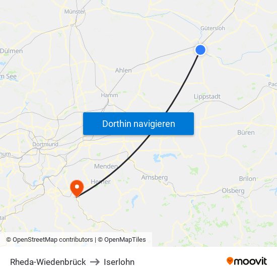 Rheda-Wiedenbrück to Iserlohn map