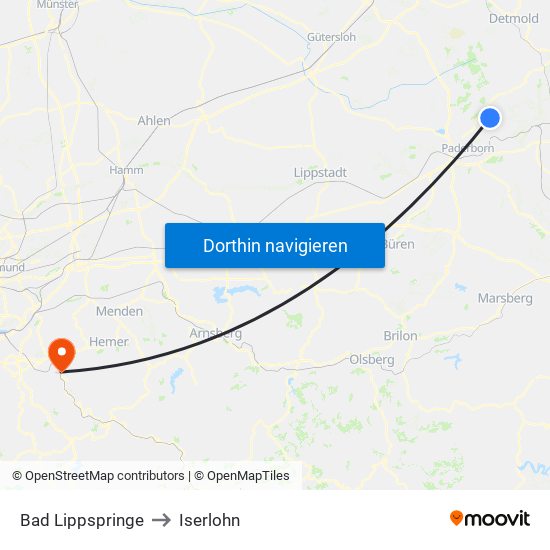 Bad Lippspringe to Iserlohn map