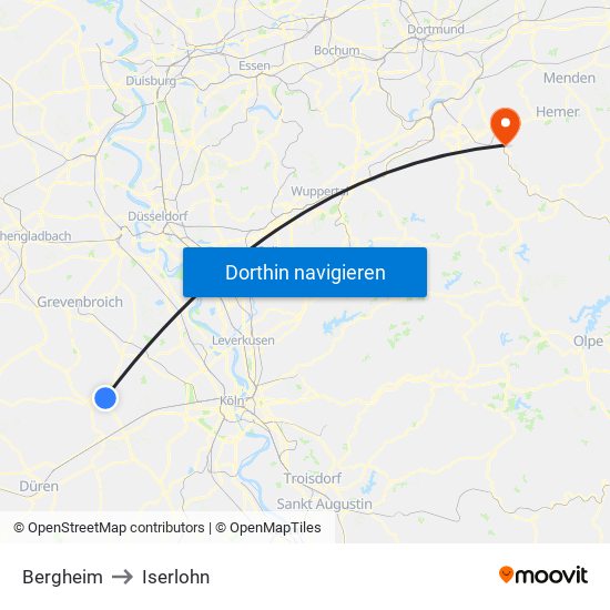 Bergheim to Iserlohn map