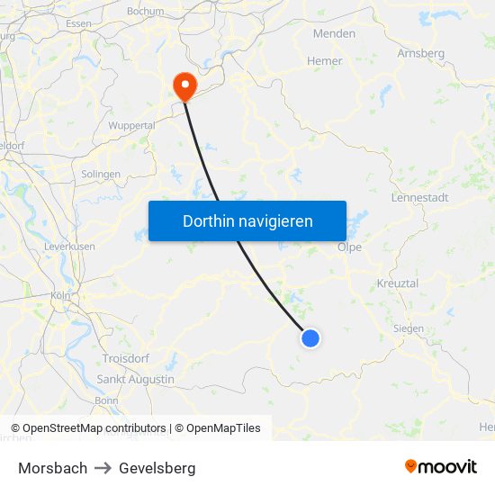 Morsbach to Gevelsberg map