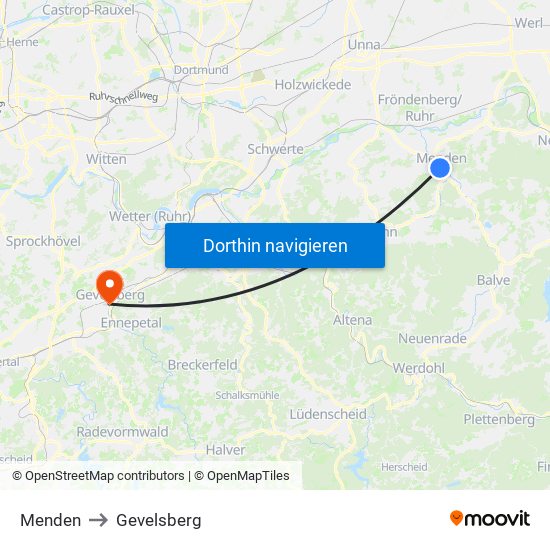 Menden to Gevelsberg map