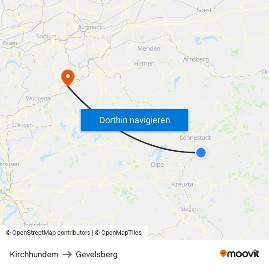 Kirchhundem to Gevelsberg map