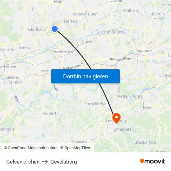 Gelsenkirchen to Gevelsberg map