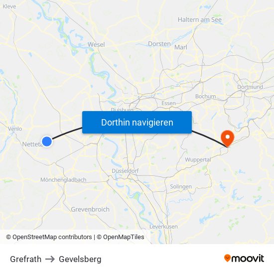 Grefrath to Gevelsberg map