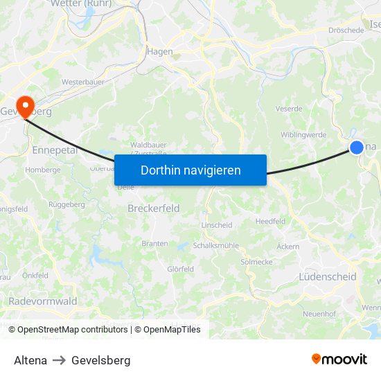 Altena to Gevelsberg map