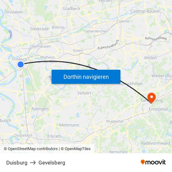 Duisburg to Gevelsberg map