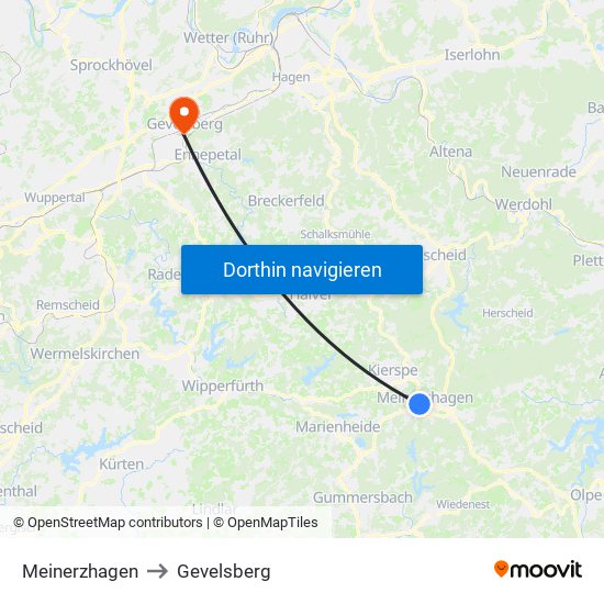 Meinerzhagen to Gevelsberg map