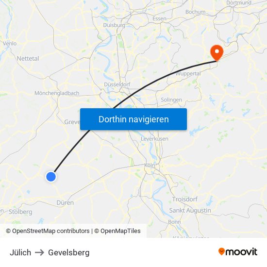 Jülich to Gevelsberg map