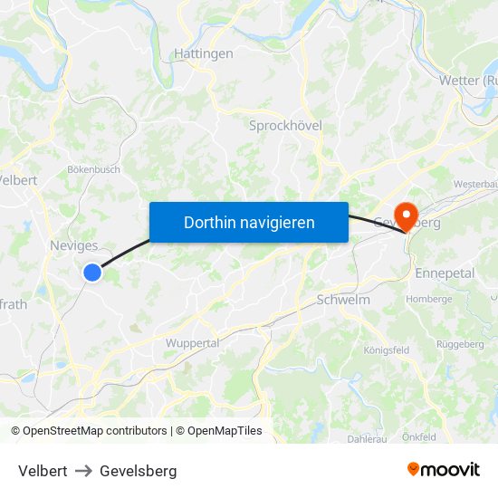 Velbert to Gevelsberg map