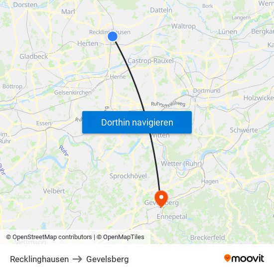 Recklinghausen to Gevelsberg map