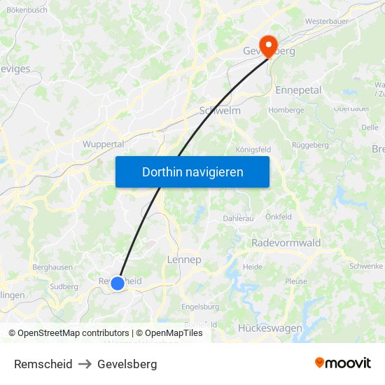 Remscheid to Gevelsberg map