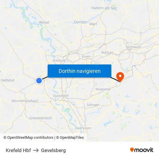 Krefeld Hbf to Gevelsberg map