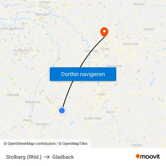Stolberg (Rhld.) to Gladbeck map