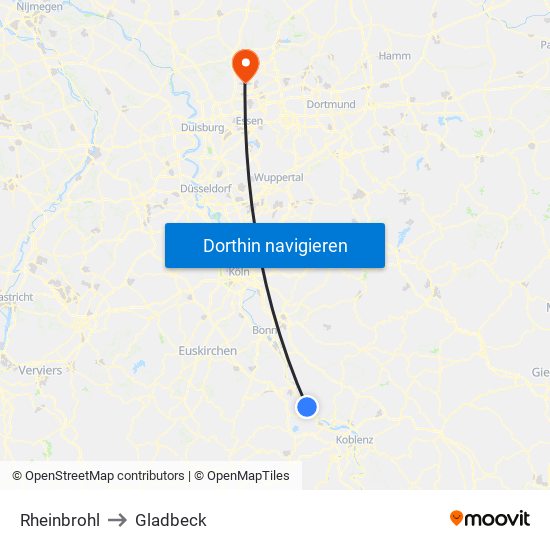 Rheinbrohl to Gladbeck map