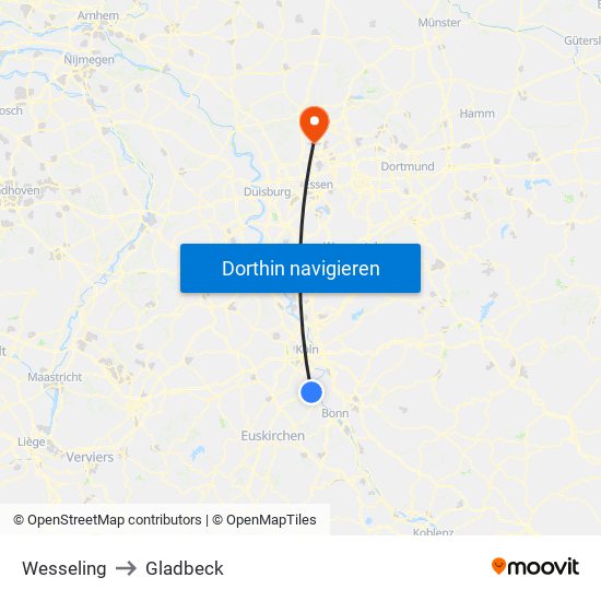 Wesseling to Gladbeck map