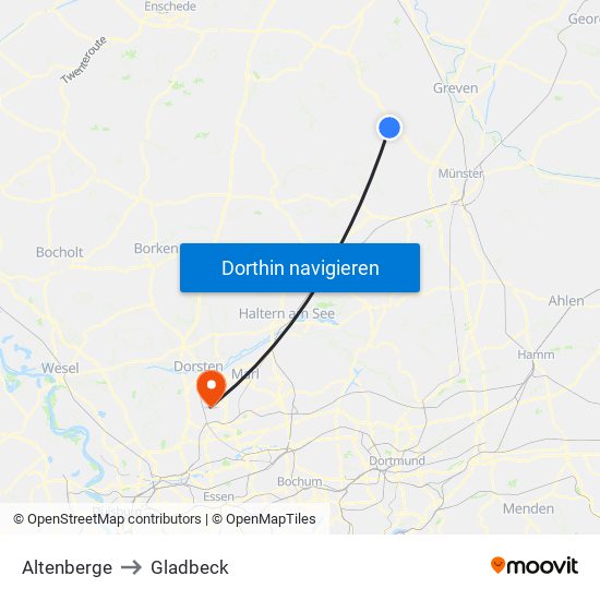 Altenberge to Gladbeck map