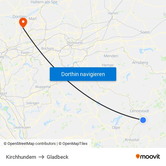 Kirchhundem to Gladbeck map