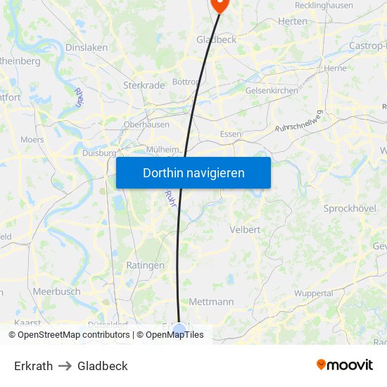 Erkrath to Gladbeck map