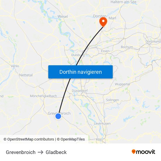 Grevenbroich to Gladbeck map