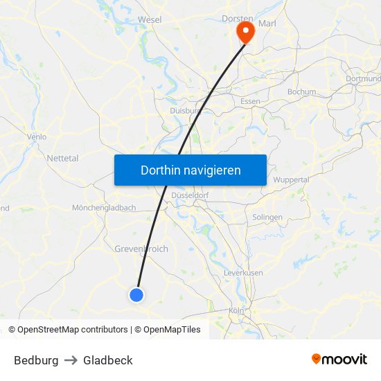 Bedburg to Gladbeck map