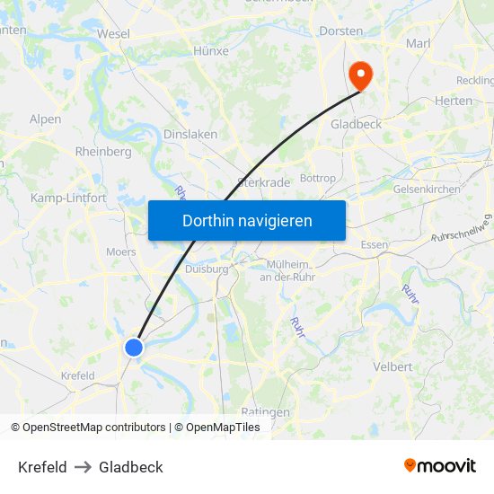 Krefeld to Gladbeck map