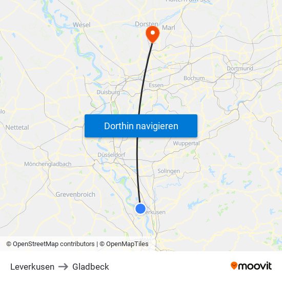 Leverkusen to Gladbeck map