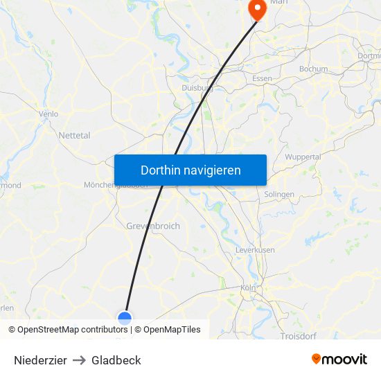 Niederzier to Gladbeck map