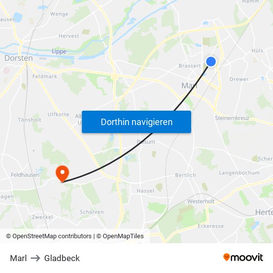 Marl to Gladbeck map