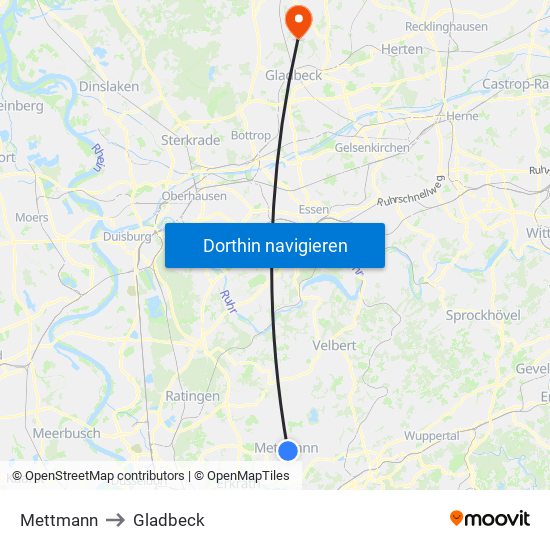 Mettmann to Gladbeck map
