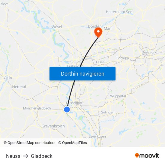 Neuss to Gladbeck map