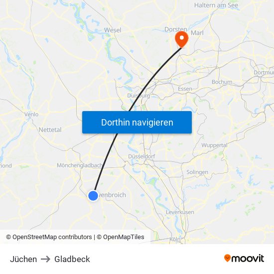 Jüchen to Gladbeck map