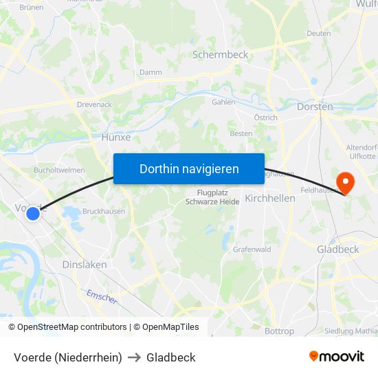 Voerde (Niederrhein) to Gladbeck map